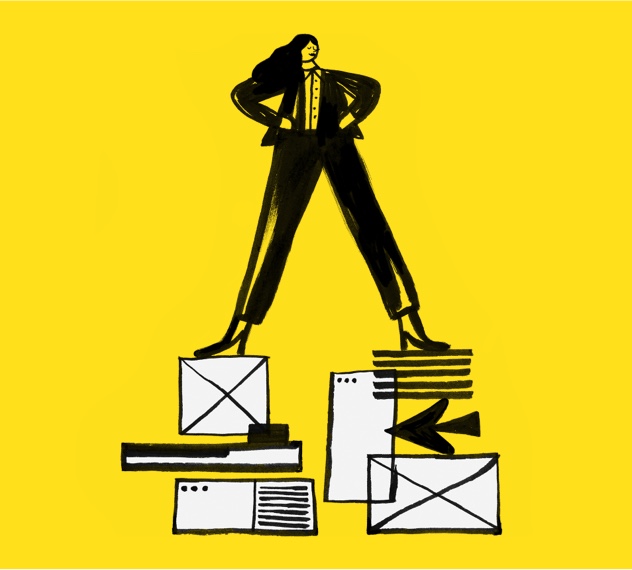 illustration of woman standing on email builder graphics