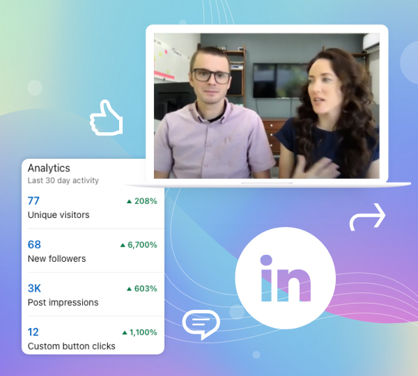 LinkedIn analytics dashboard showing growth, Cris and Angela on a Zoom computer screen